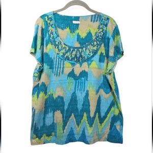 Chico’s Ikat Print Embellished Knit Top Size L Green Blue